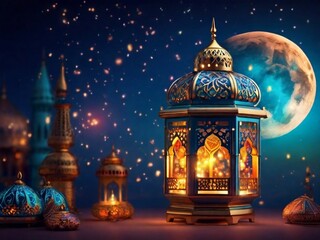 Fototapeta premium Realistic Eid mubarak Islamic festival beautiful greeting design background And Islamic style lantern 