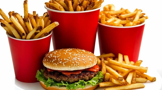 Crispy fries and a delicious burger served in vibrant red cups at a casual eatery