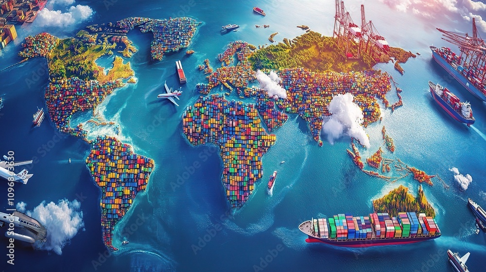 Poster vibrant world map with logistic network overlay and shipping elements
