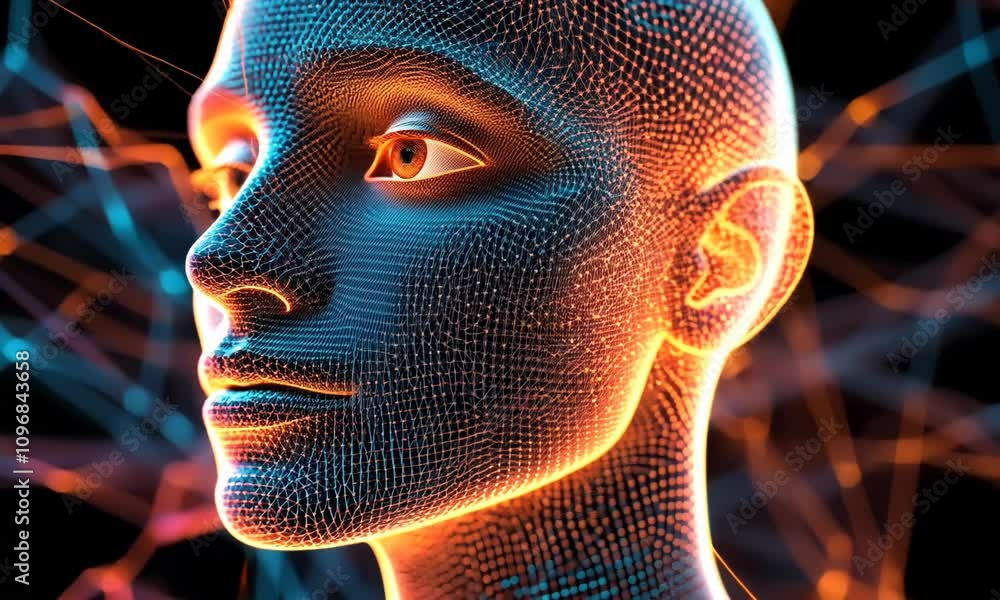 Aufkleber futuristic digital face transformation with neon lights and dynamic patterns