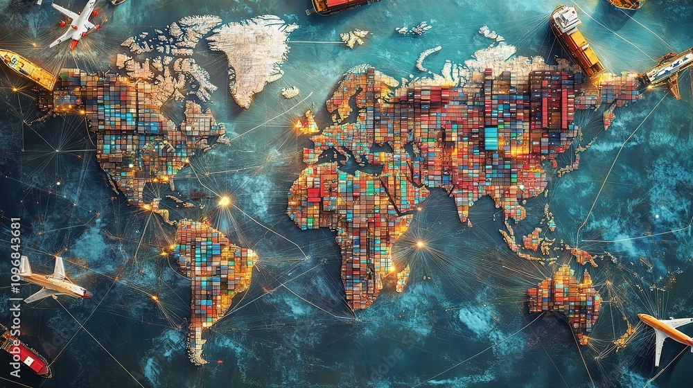 Poster vibrant world map with logistic network and cargo overlay