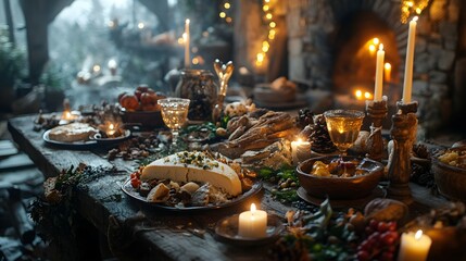 Epiphany Winter Feast with Traditional Dishes and Candlelight in Cozy Rustic Setting