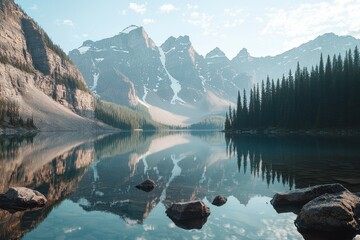 A beautiful mountain lake with a reflection of the mountains in the water