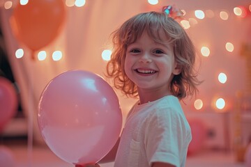 Fototapeta premium A young girl is holding a pink balloon and smiling
