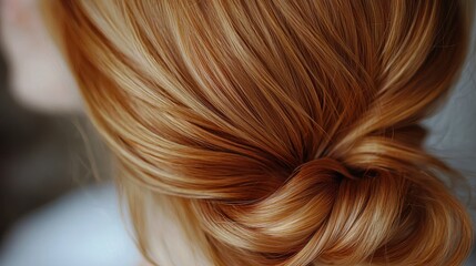 Fototapeta premium A close-up view of a beautifully styled, wavy red hair arranged in a bun, showcasing its rich color and texture.