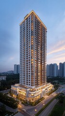 Fototapeta premium A tall residential building illuminated at dusk, showcasing modern architecture and urban design.