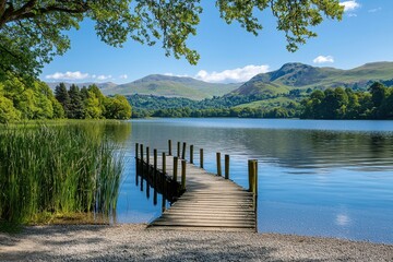 Fototapeta premium A wooden pier is on the edge of a lake
