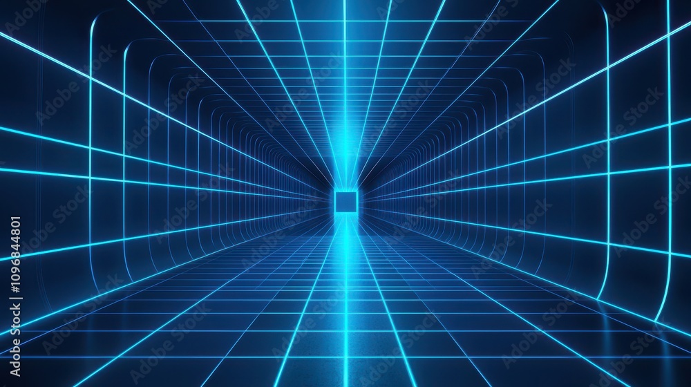 Poster a futuristic tunnel with glowing blue lines and a grid pattern, creating a vibrant and immersive dig