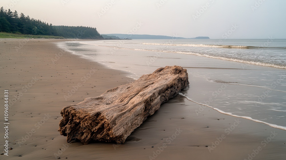 Aufkleber a tranquil beach scene featuring a large driftwood log resting on the sand, with gentle waves lappin