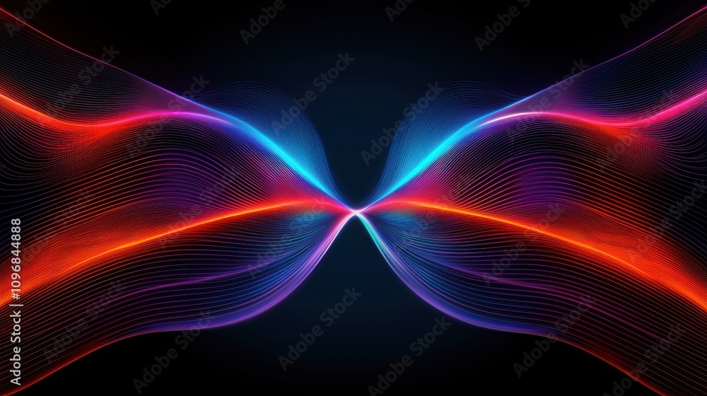 Aufkleber a vibrant abstract design featuring flowing waves of red and blue light against a dark background, c