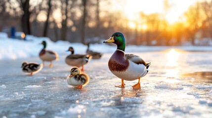 A scenic winter sunset over icy waters showcasing several ducks, including a duckling, walking on ice with beautiful reflections, representing nature's quiet moments.