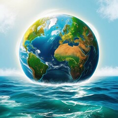 Fototapeta premium Earth suspended over the ocean with vibrant colors showcasing continents and serene waters in a bright sky
