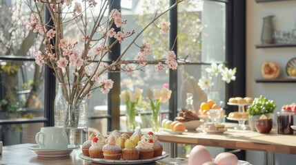 Fototapeta premium Modern Easter Brunch Setup with Gourmet Pastries and Decorated Eggs in a Sunlit Cafe