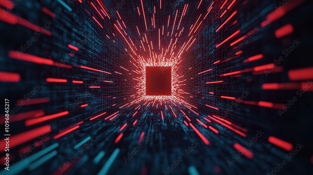 Poster a vibrant digital tunnel with glowing red and blue lines converging towards a central black square, 
