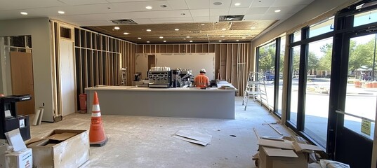 The interior of the coffee shop is being outfitted with new walls and floors.