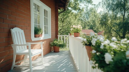 Fototapeta premium Relaxing balcony oasis surrounded by greenery and sunlight for peaceful moments
