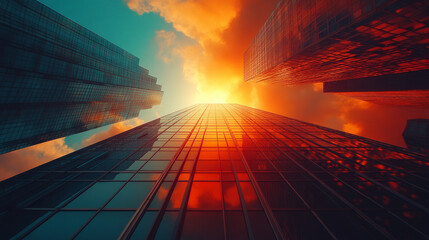 sleek high-rise office building with modern glass windows reflecting the sky symbolizing corporate success, ambition, and urban growth in a bustling cityscape