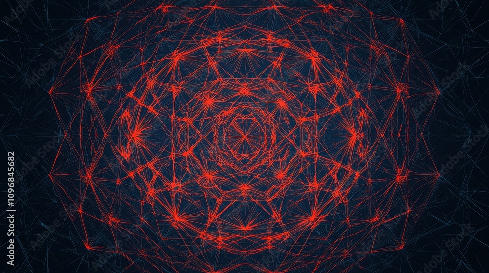 Poster a mesmerizing geometric pattern featuring intricate red lines on a dark background, creating a stunn