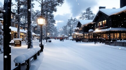 A quaint, snow-covered street lined with festively illuminated houses evokes holiday cheer and warmth, set against a beautifully wintry backdrop.