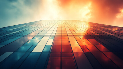 sleek high-rise office building with modern glass windows reflecting the sky symbolizing corporate success, ambition, and urban growth in a bustling cityscape