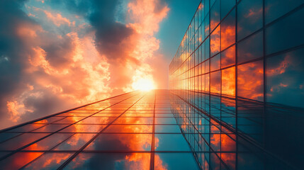 sleek high-rise office building with modern glass windows reflecting the sky symbolizing corporate success, ambition, and urban growth in a bustling cityscape