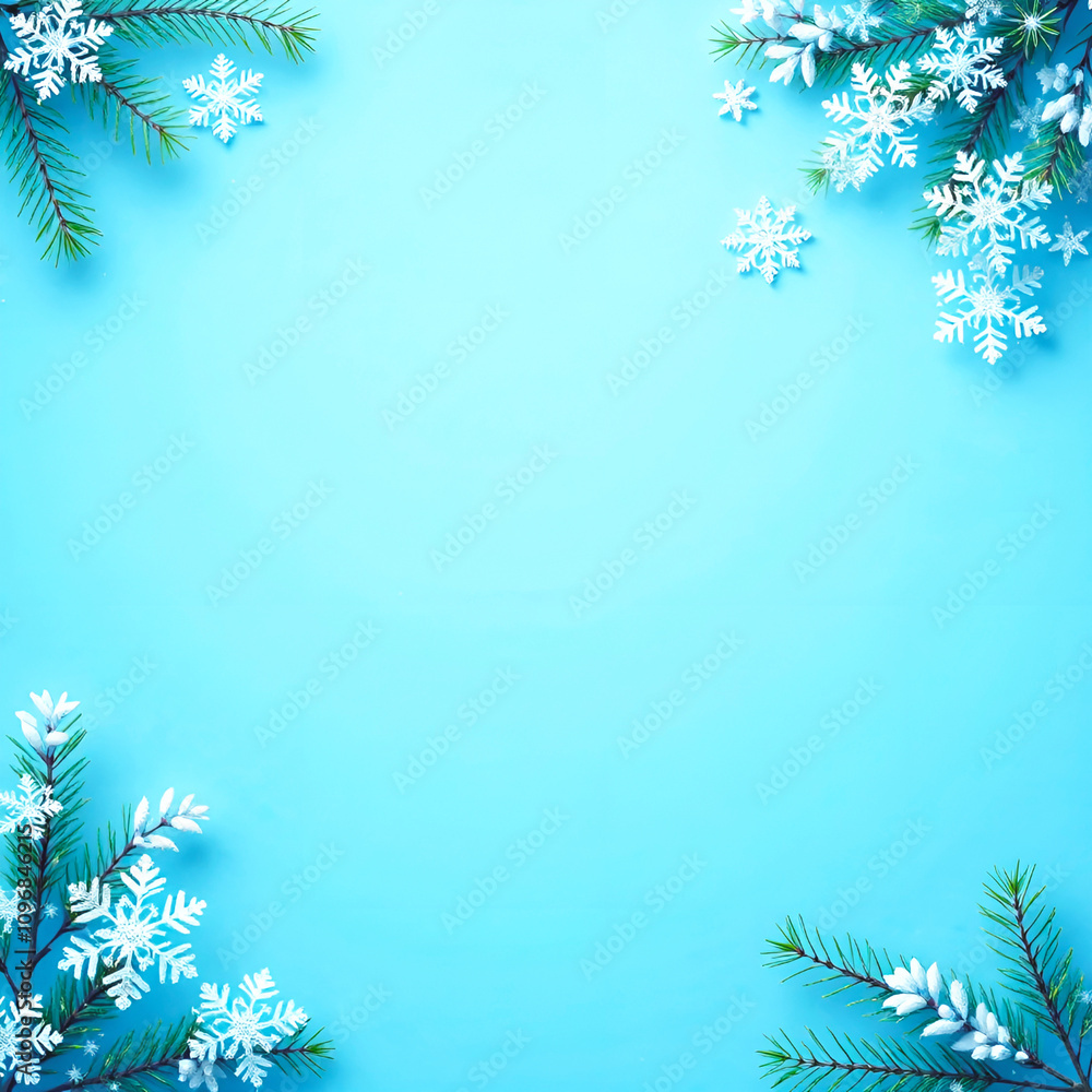 Canvas Prints blue christmas background with fir tree branches and white snowflakes. copy space in the middle.