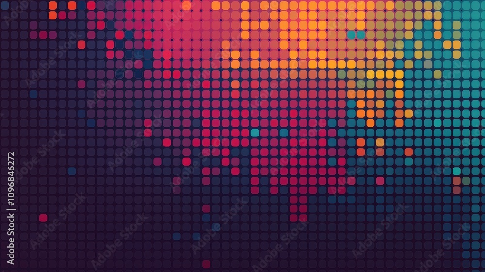Poster a vibrant, abstract design featuring a grid of colorful pixels in shades of purple, orange, and teal