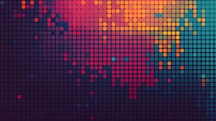A vibrant, abstract design featuring a grid of colorful pixels in shades of purple, orange, and teal, creating a visually dynamic pattern.