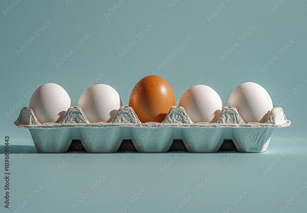 Poster a unique display of eggs in a carton with one brown egg set against a soft aqua background for eye-c
