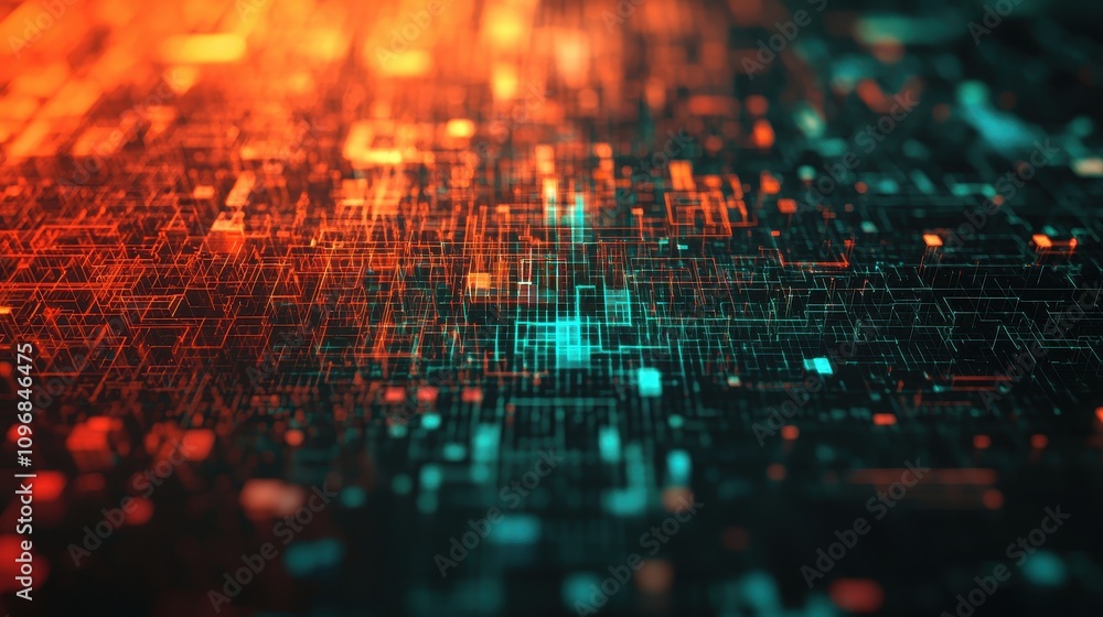 Poster abstract digital background featuring glowing lines and dots in vibrant orange and teal hues, sugges