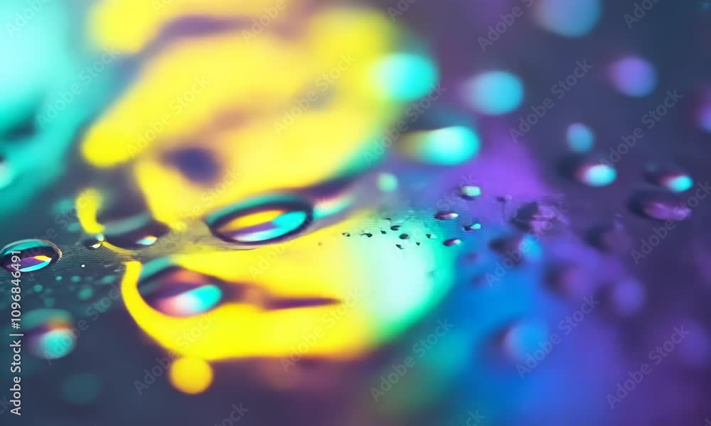 Poster vibrant raindrop reflections on colorful surface with dynamic light movement