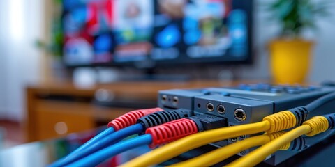 Obraz premium Close-up of AV Cables Connected to a Device