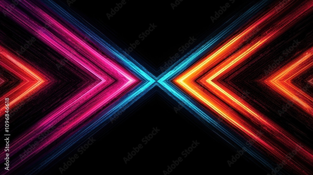 Poster a vibrant design featuring intersecting arrows of colorful light against a dark background, creating