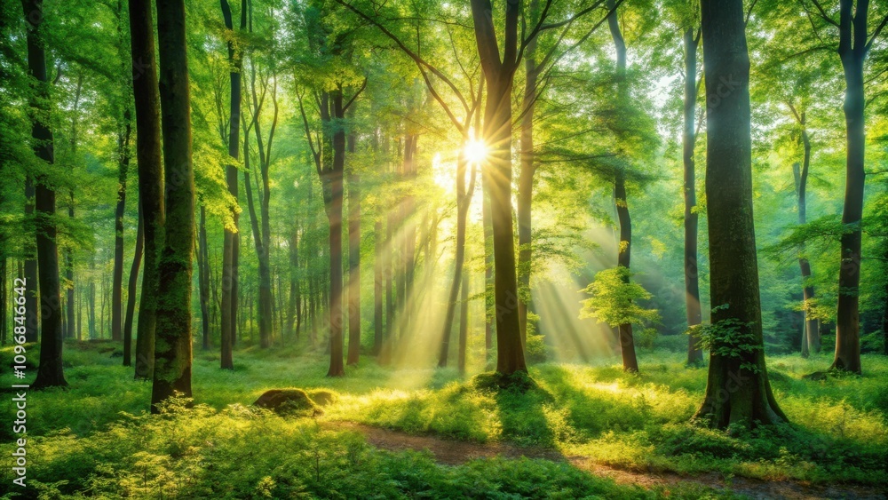 Poster sunlight filters through the dense canopy of a lush, green forest, illuminating the forest floor wit