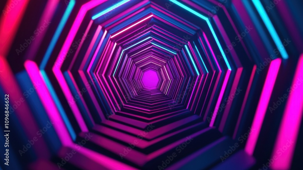 Poster a vibrant, abstract tunnel featuring hexagonal shapes illuminated by neon pink and blue lights, crea