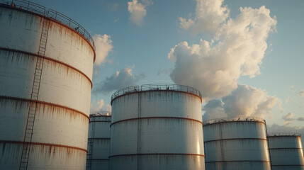 Large storage tanks at fuel refinery under blue sky with clouds. tanks show signs of rust and wear, reflecting industrial use and environmental exposure