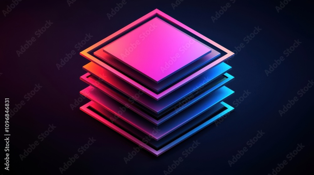 Poster a vibrant, layered design featuring stacked squares in shades of pink and blue against a dark backgr