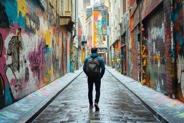 Obraz premium Person walks graffiti-covered alleyway, backpack.