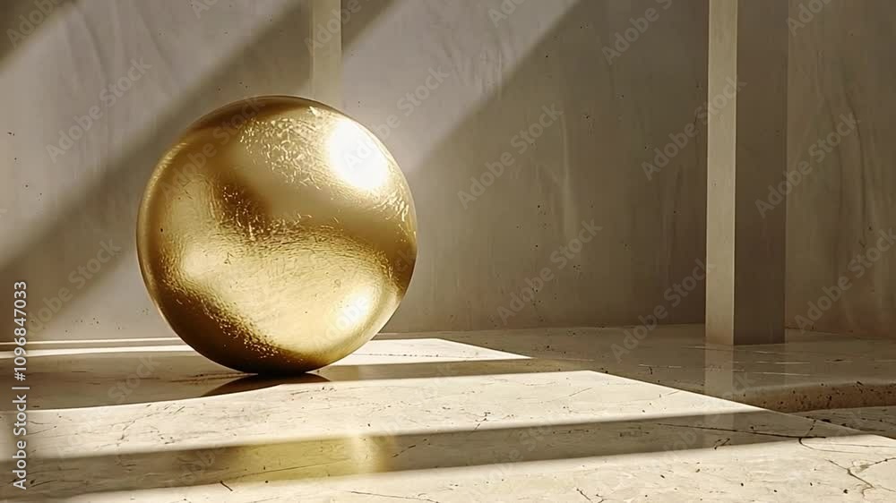 Poster A golden sphere sits elegantly on a polished marble surface, reflecting light through large windows and casting soft shadows in a serene, minimalist setting.