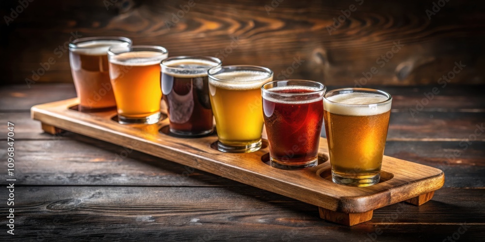 Aufkleber a wooden tray showcasing a collection of six diverse beer styles, each in a separate glass, creating