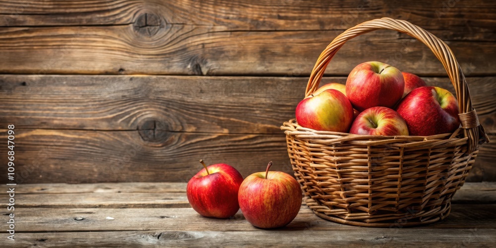 Poster a rustic still life with red apples in a wicker basket on a weathered wooden surface
