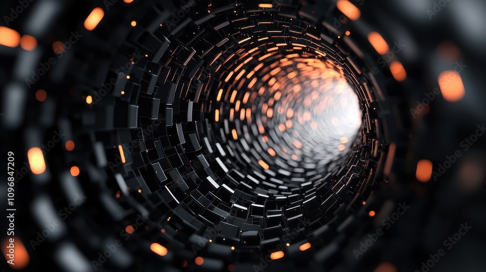 Poster a captivating view into a swirling tunnel of dark materials illuminated by warm, glowing lights, cre