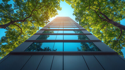 sleek high-rise office building with modern glass windows reflecting the sky symbolizing corporate success, ambition, and urban growth in a bustling cityscape