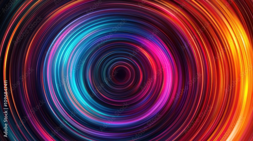 Poster a colorful abstract image featuring swirling concentric circles in vibrant hues of blue, pink, and o
