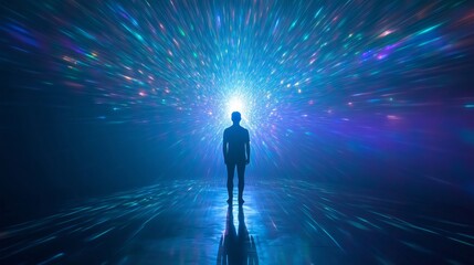 Man walking towards bright light in abstract digital space