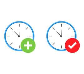 Two analog clocks side by side. The left clock shows  a green circle and white plus sign. The right clock with a red circle and white check mark, indicating a comparison or choice