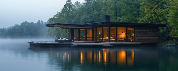 A serene lakeside cabin surrounded by lush greenery, reflecting softly on the water, evoking tranquility and modern design.