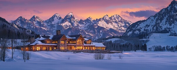 A picturesque mountain lodge illuminated at sunset, surrounded by snow-covered peaks and serene winter landscapes.