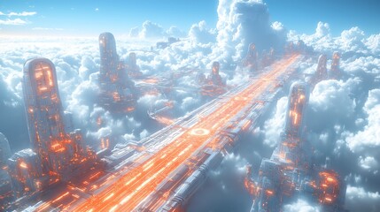 Obraz premium A high-tech track with neon lines and futuristic technological elements, set against the backdrop of a clear blue sky with white clouds