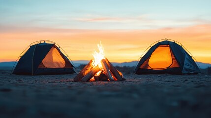 A serene camping scene featuring two tents beside a warm campfire, illuminated by a beautiful sunset sky.